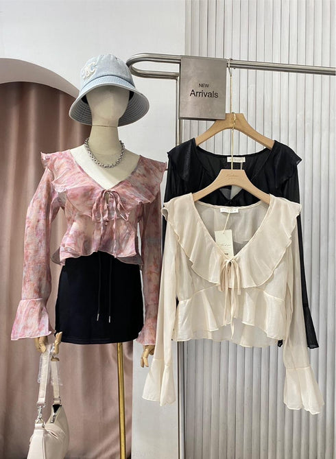Spring Ruffled Neckline Crop Tops